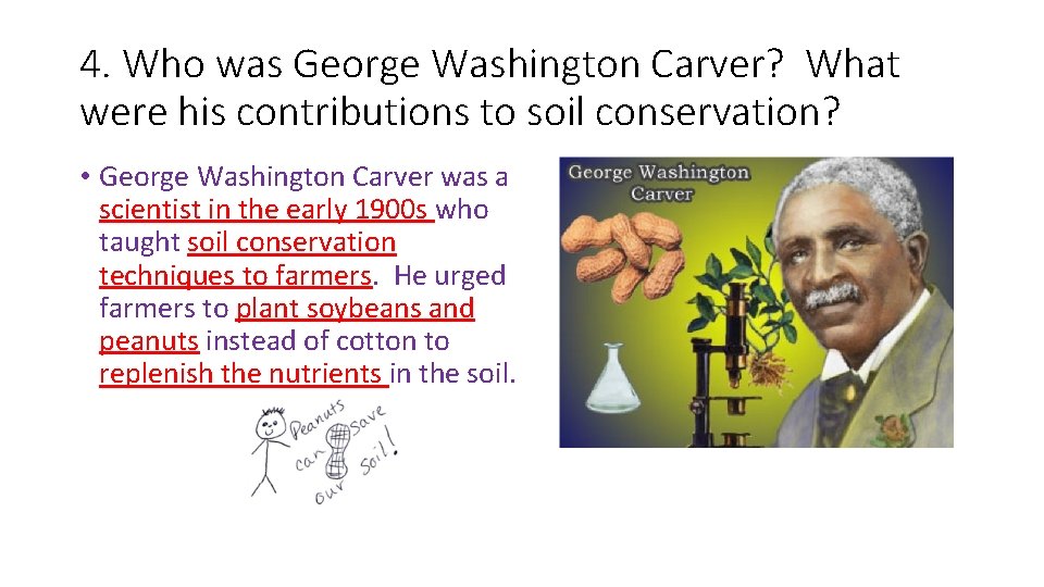 4. Who was George Washington Carver? What were his contributions to soil conservation? •