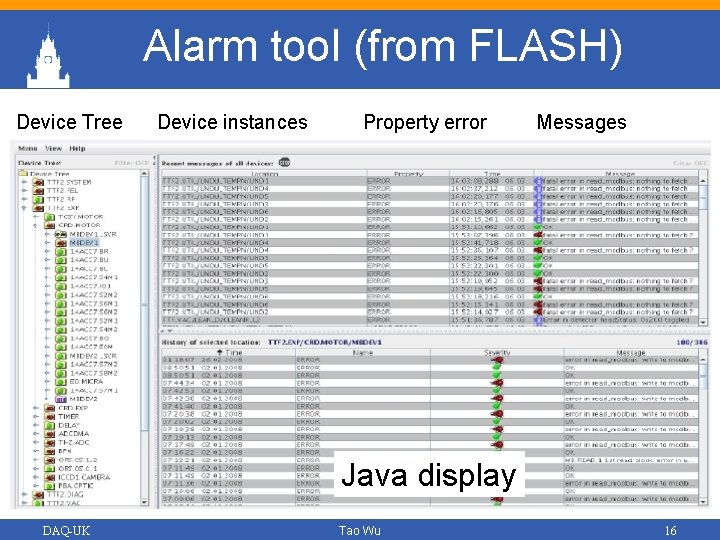 Alarm tool (from FLASH) Device Tree Device instances Property error Messages Java display DAQ-UK