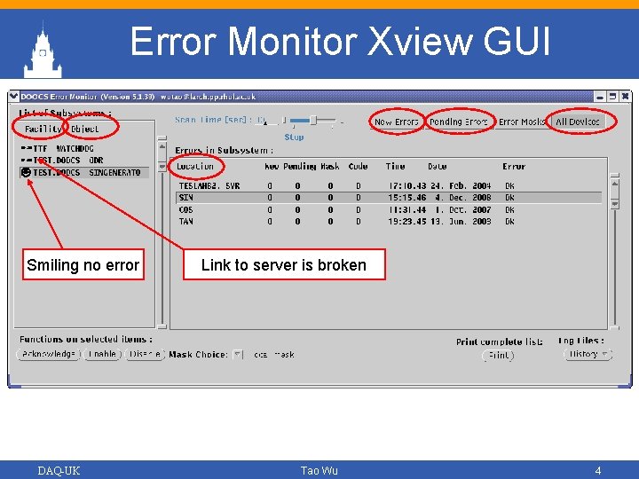 Error Monitor Xview GUI Smiling no error DAQ-UK Link to server is broken Tao