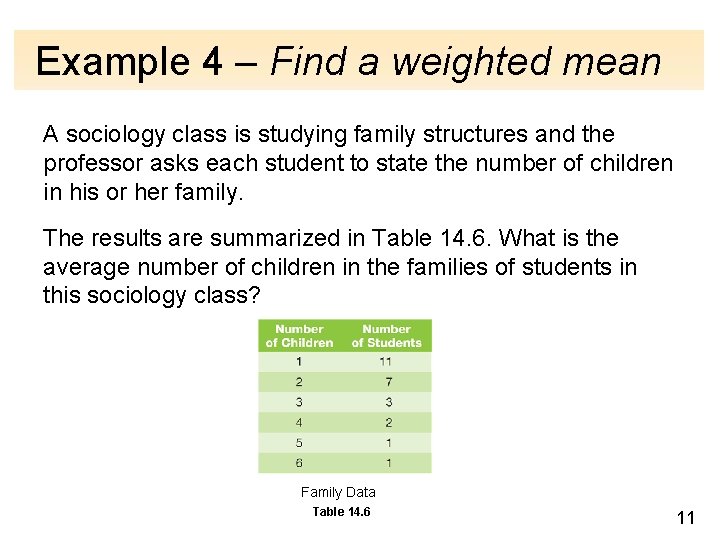 Example 4 – Find a weighted mean A sociology class is studying family structures