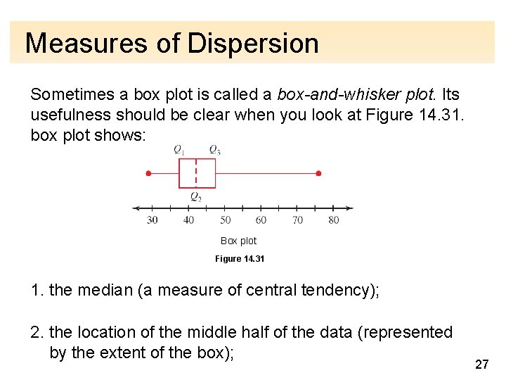 Measures of Dispersion Sometimes a box plot is called a box-and-whisker plot. Its usefulness
