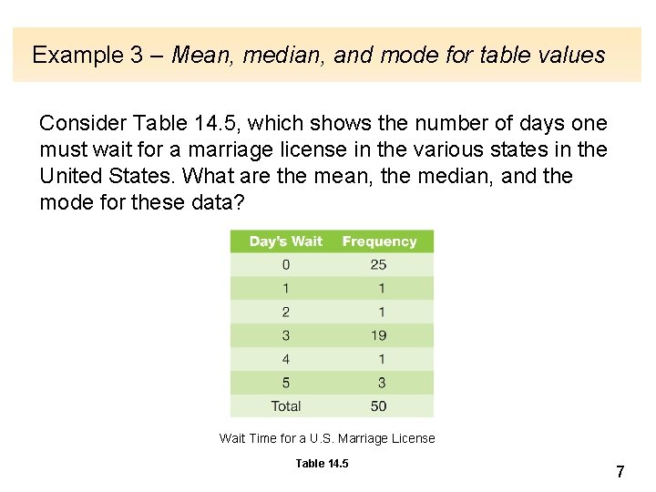 Example 3 – Mean, median, and mode for table values Consider Table 14. 5,