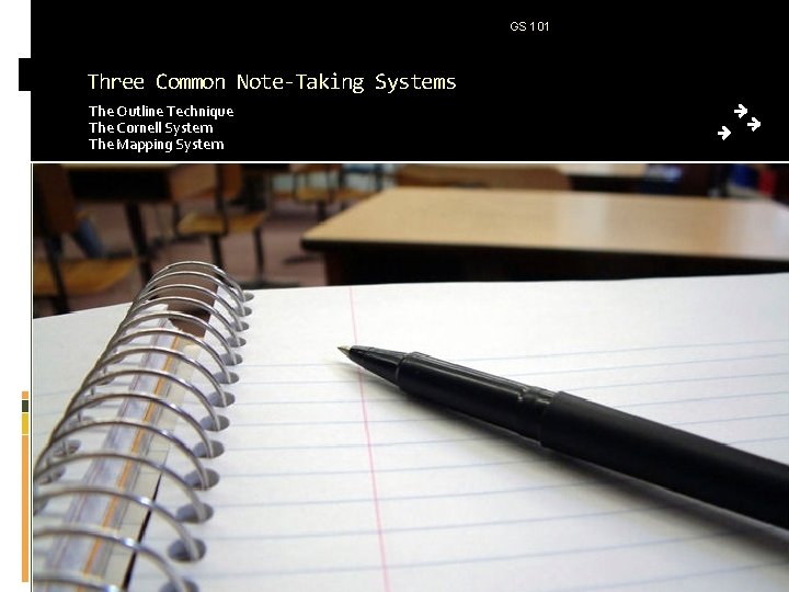 GS 101 Three Common Note-Taking Systems The Outline Technique The Cornell System The Mapping
