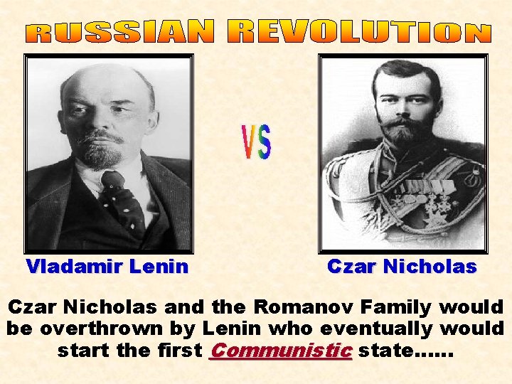 Vladamir Lenin Czar Nicholas and the Romanov Family would be overthrown by Lenin who