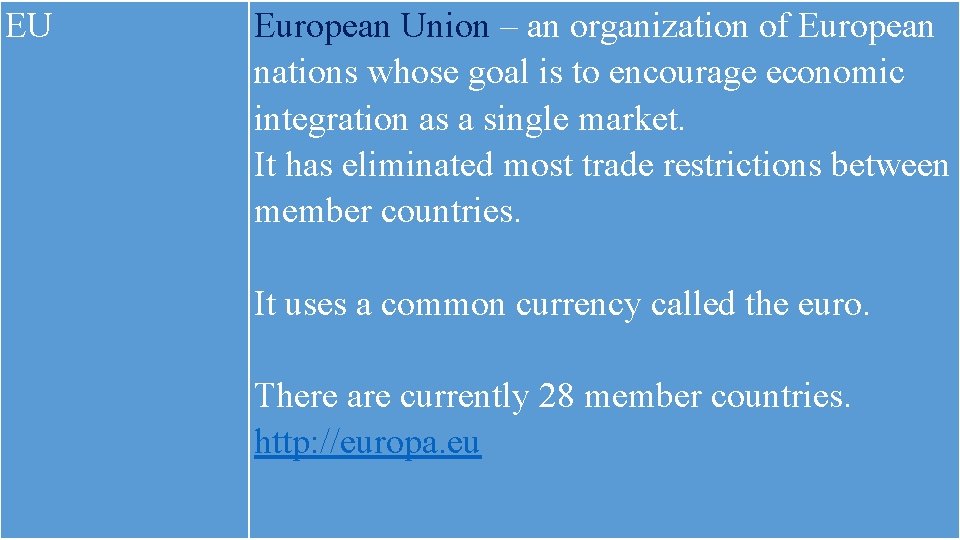 EU European Union – an organization of European nations whose goal is to encourage
