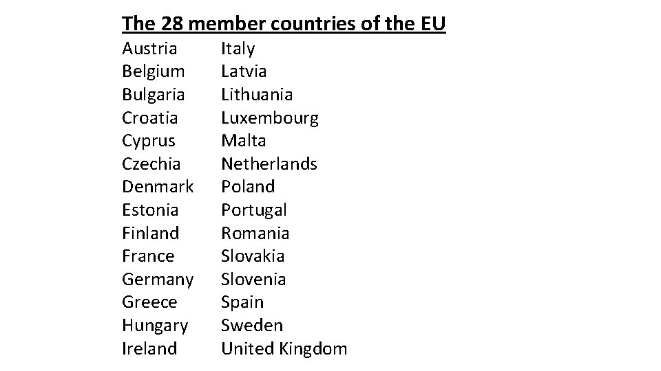 The 28 member countries of the EU Austria Belgium Bulgaria Croatia Cyprus Czechia Denmark