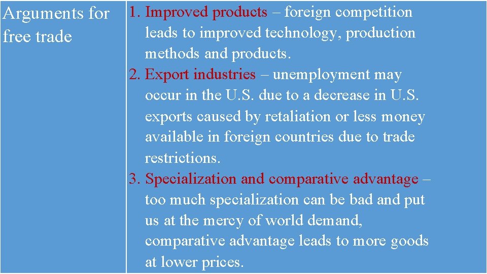 Arguments for free trade 1. Improved products – foreign competition leads to improved technology,