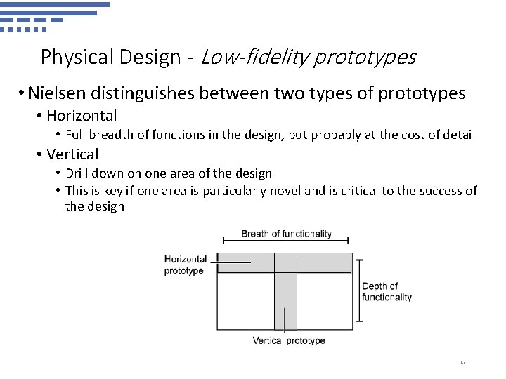 Physical Design - Low-fidelity prototypes • Nielsen distinguishes between two types of prototypes •