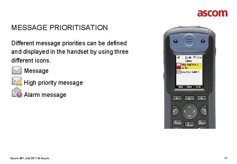 MESSAGE PRIORITISATION Different message priorities can be defined and displayed in the handset by