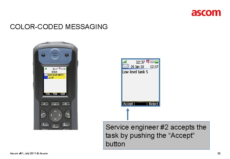 COLOR-CODED MESSAGING Service engineer #2 accepts the task by pushing the “Accept” button Ascom