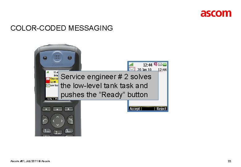 COLOR-CODED MESSAGING Service engineer # 2 solves the low-level tank task and pushes the