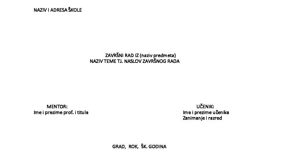 NAZIV I ADRESA ŠKOLE ZAVRŠNI RAD IZ (naziv predmeta) NAZIV TEME TJ. NASLOV ZAVRŠNOG