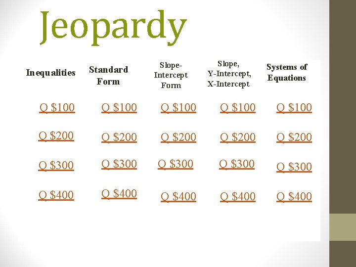 Jeopardy Inequalities Standard Form Slope. Intercept Form Slope, Y-Intercept, X-Intercept Systems of Equations Q