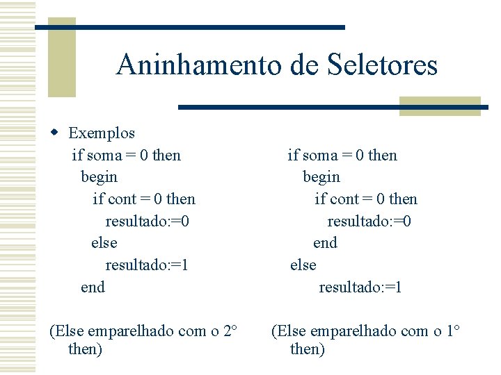 Aninhamento de Seletores w Exemplos if soma = 0 then begin if cont =