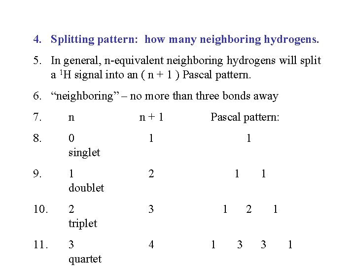 4. Splitting pattern: how many neighboring hydrogens. 5. In general, n-equivalent neighboring hydrogens will