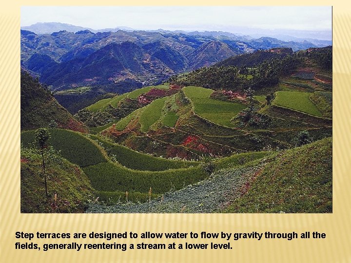Step terraces are designed to allow water to flow by gravity through all the