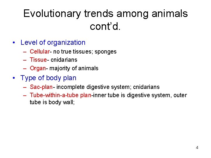 Evolutionary trends among animals cont’d. • Level of organization – Cellular- no true tissues;