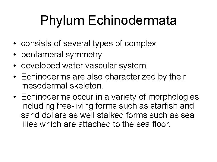 Phylum Echinodermata • • consists of several types of complex pentameral symmetry developed water