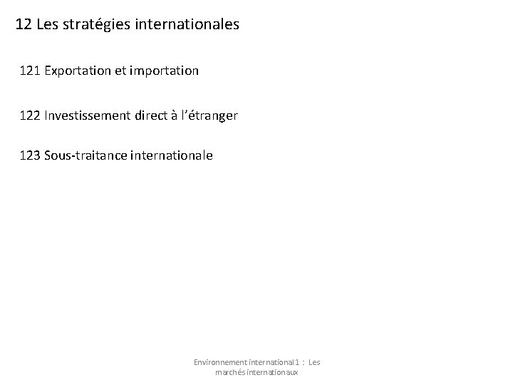 12 Les stratégies internationales 121 Exportation et importation 122 Investissement direct à l’étranger 123