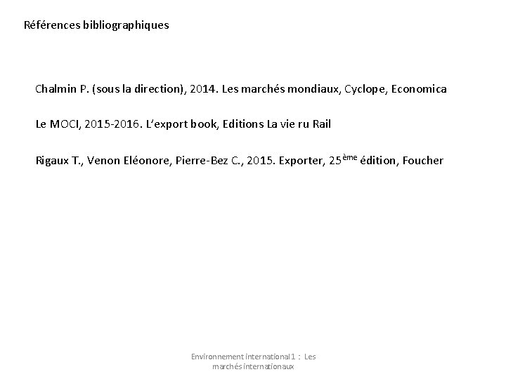 Références bibliographiques Chalmin P. (sous la direction), 2014. Les marchés mondiaux, Cyclope, Economica Le