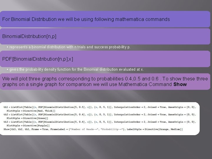 For Binomial Distribution we will be using following mathematica commands Binomial. Distribution[n, p] •