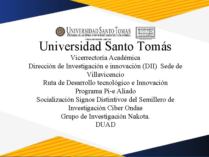 Universidad Santo Tomás Vicerrectoría Académica Dirección de Investigación e innovación (DII) Sede de Villavicencio Universidad Santo Tomás Vicerrectoría Académica Dirección de Investigación e innovación (DII) Sede de Villavicencio