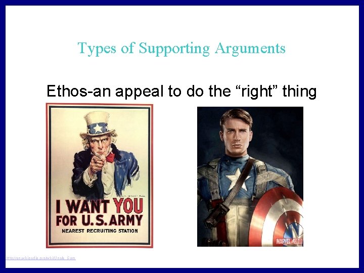 Types of Supporting Arguments Ethos-an appeal to do the “right” thing http: //en. wikipedia.