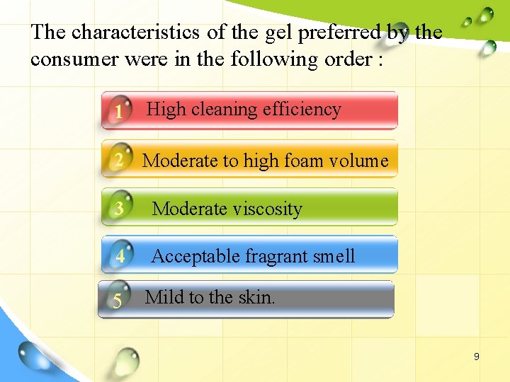 The characteristics of the gel preferred by the consumer were in the following order