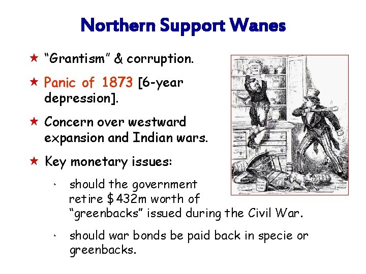 Northern Support Wanes « “Grantism” & corruption. « Panic of 1873 [6 -year depression].