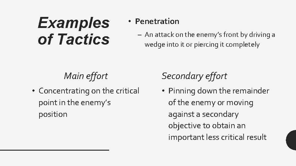 Examples of Tactics • Penetration – An attack on the enemy’s front by driving