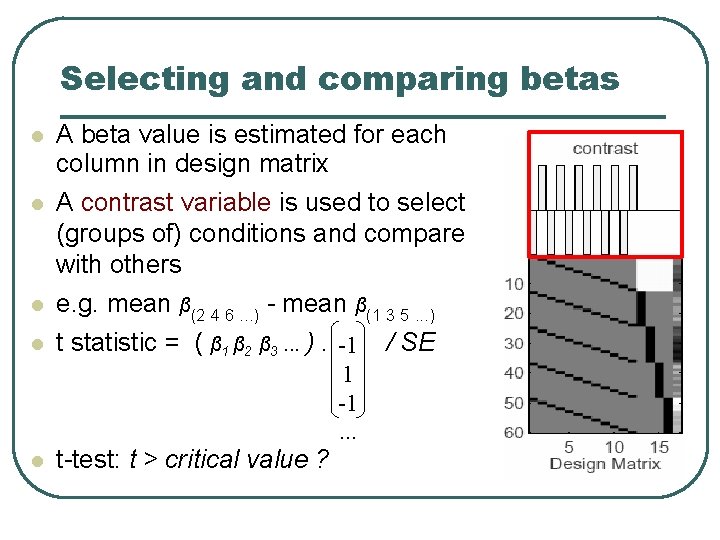 Selecting and comparing betas A beta value is estimated for each column in design