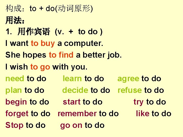 构成:to + do(动词原形) 用法: 1. 用作宾语 (v. + to do ) I want to 构成:to + do(动词原形) 用法: 1. 用作宾语 (v. + to do ) I want to
