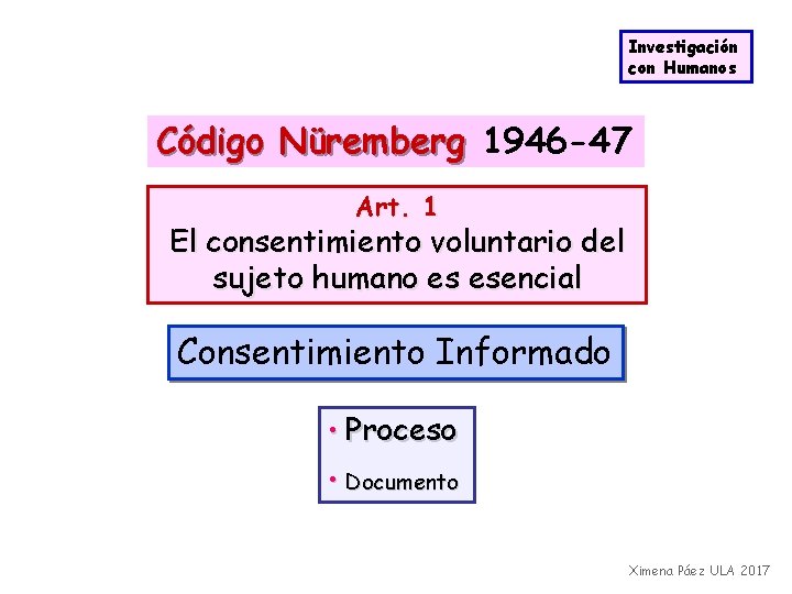 Investigación con Humanos Código Nüremberg 1946 -47 Art. 1 El consentimiento voluntario del sujeto