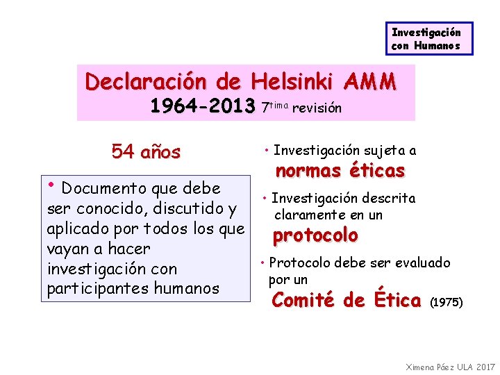 Investigación con Humanos Declaración de Helsinki AMM 1964 -2013 7 tima revisión 54 años