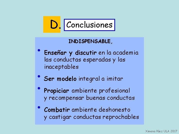 D. Conclusiones INDISPENSABLE, • Enseñar y discutir en la academia las conductas esperadas y