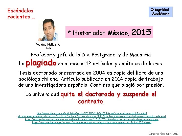 Escándalos recientes … Integridad Académica * Historiador México, 2015 Rodrigo Nuñez A. Chile Profesor