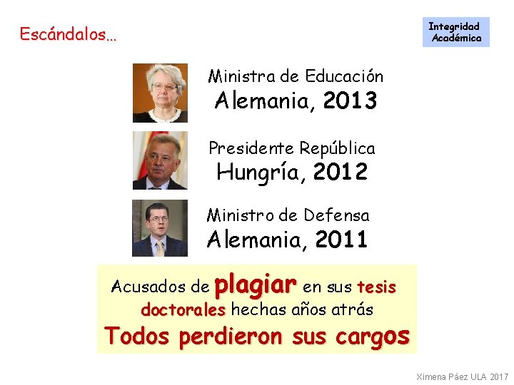 Integridad Académica Escándalos… Ministra de Educación Alemania, 2013 Presidente República Hungría, 2012 Ministro de
