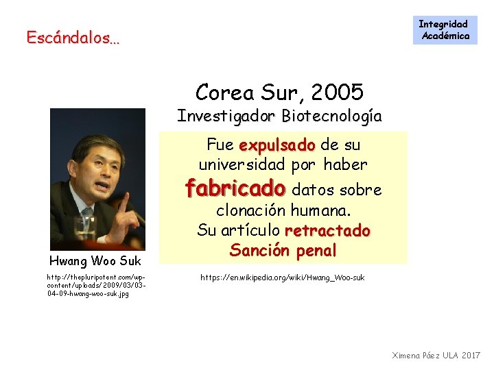 Integridad Académica Escándalos… Corea Sur, 2005 Investigador Biotecnología Fue expulsado de su universidad por