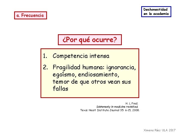 Deshonestidad en la academia a. Frecuencia ¿Por qué ocurre? 1. Competencia intensa 2. Fragilidad