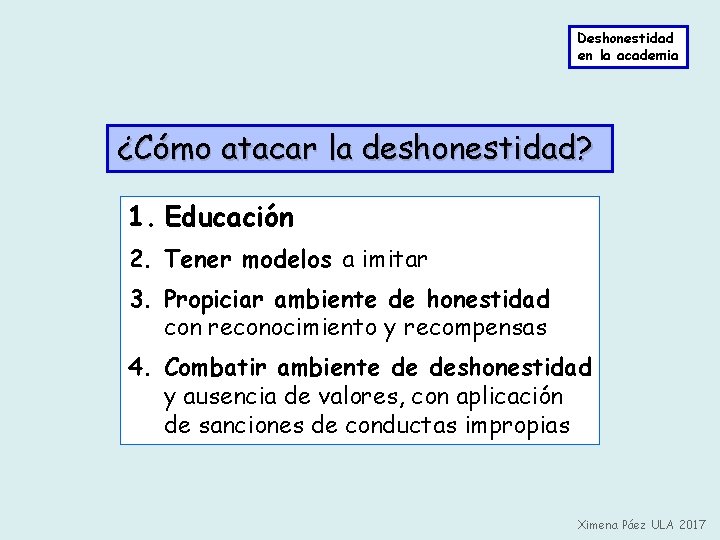 Deshonestidad en la academia ¿Cómo atacar la deshonestidad? 1. Educación 2. Tener modelos a