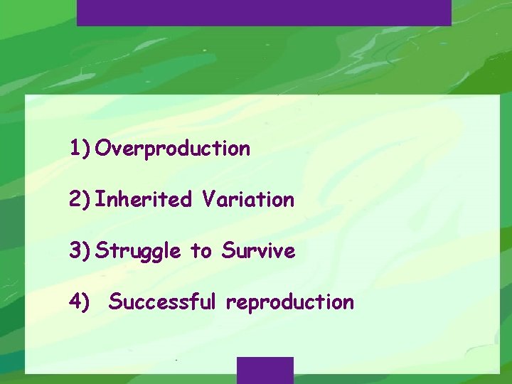 1) Overproduction 2) Inherited Variation 3) Struggle to Survive 4) Successful reproduction 