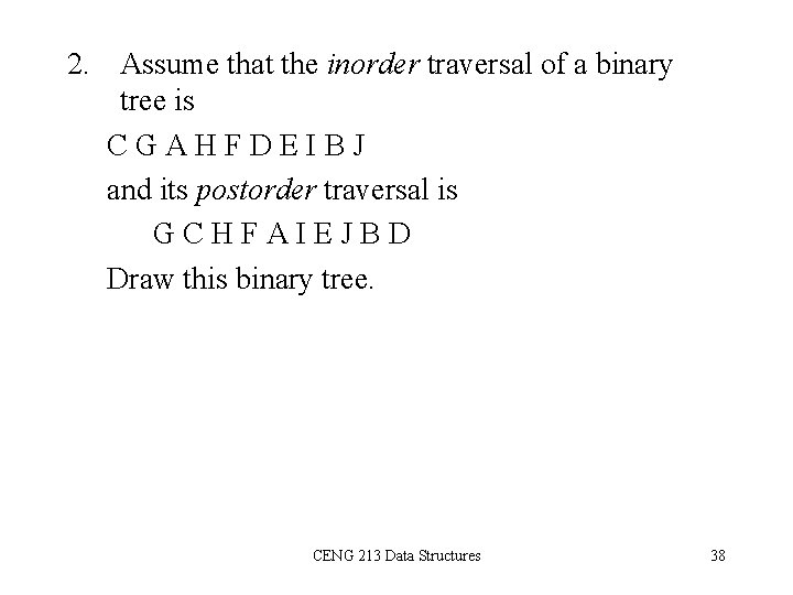 2. Assume that the inorder traversal of a binary tree is CGAHFDEIBJ and its