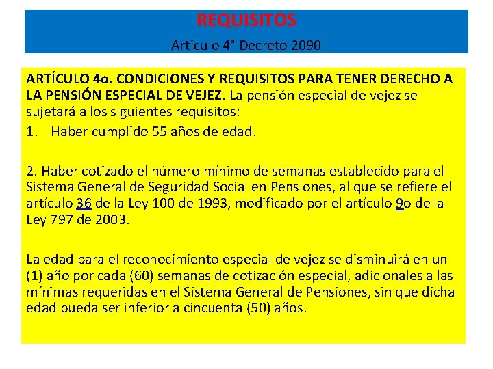 REQUISITOS Articulo 4° Decreto 2090 ARTÍCULO 4 o. CONDICIONES Y REQUISITOS PARA TENER DERECHO