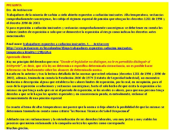 PREGUNTA Drs. de Just. Answer Trabajadores de la minería de carbón a cielo abierto