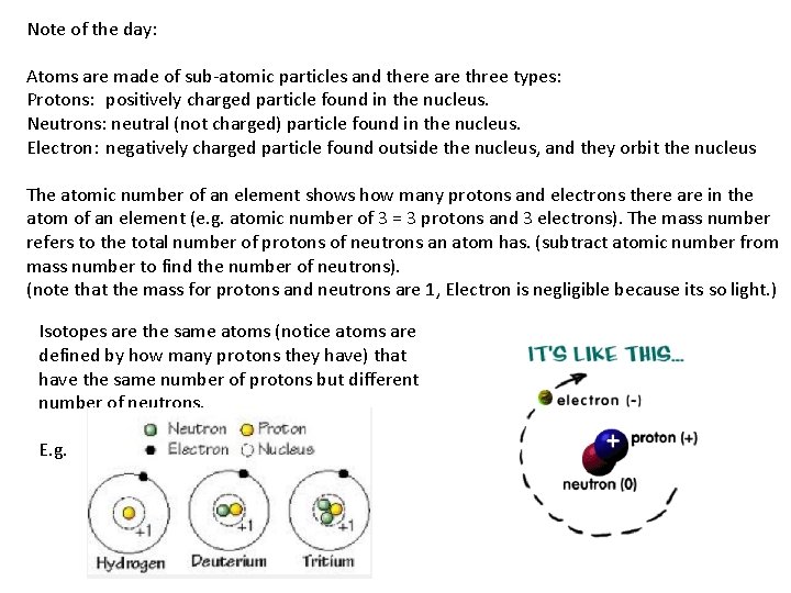 Note of the day: Atoms are made of sub-atomic particles and there are three