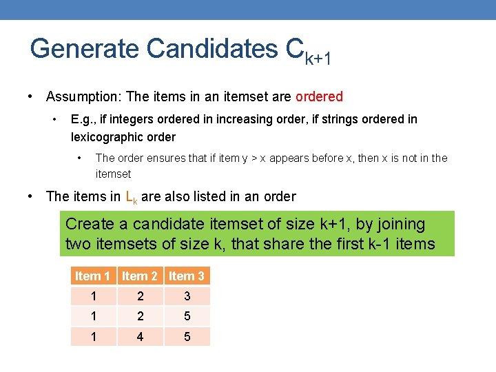 Generate Candidates Ck+1 • Assumption: The items in an itemset are ordered • E.