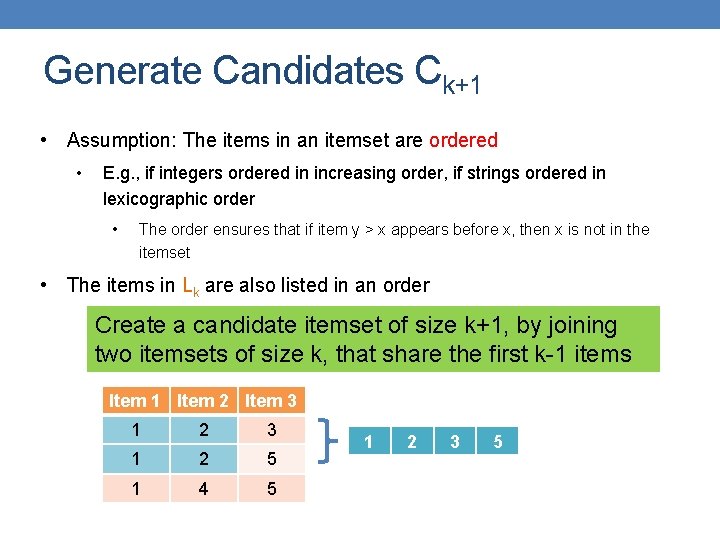 Generate Candidates Ck+1 • Assumption: The items in an itemset are ordered • E.