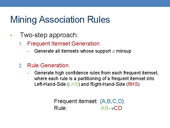 Mining Association Rules • Two-step approach: 1. Frequent Itemset Generation – Generate all itemsets