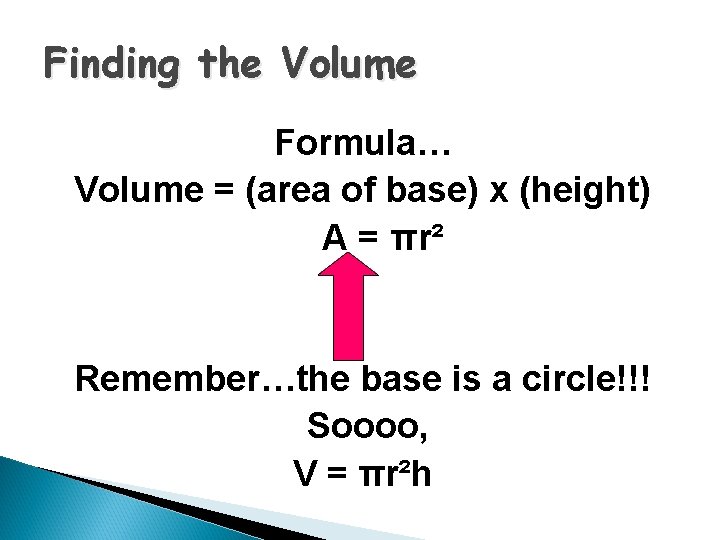 Finding the Volume Formula… Volume = (area of base) x (height) A = πr²