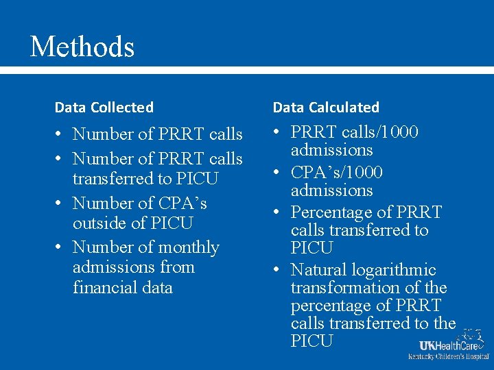 Methods Data Collected Data Calculated • Number of PRRT calls transferred to PICU •